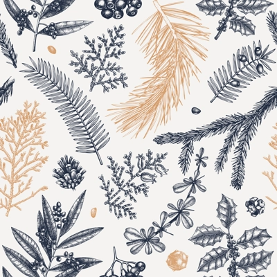 Merry Christmas seamless pattern. With vintage winter flowers, evergreen, conifers plants. Vector design with hand drawn botanical elements. For wrapping paper, greeting cards, banners, packaging.